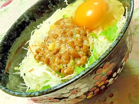 シャキ×２❤野菜と葱コーンの山葵卵掛けご飯＋納豆❤